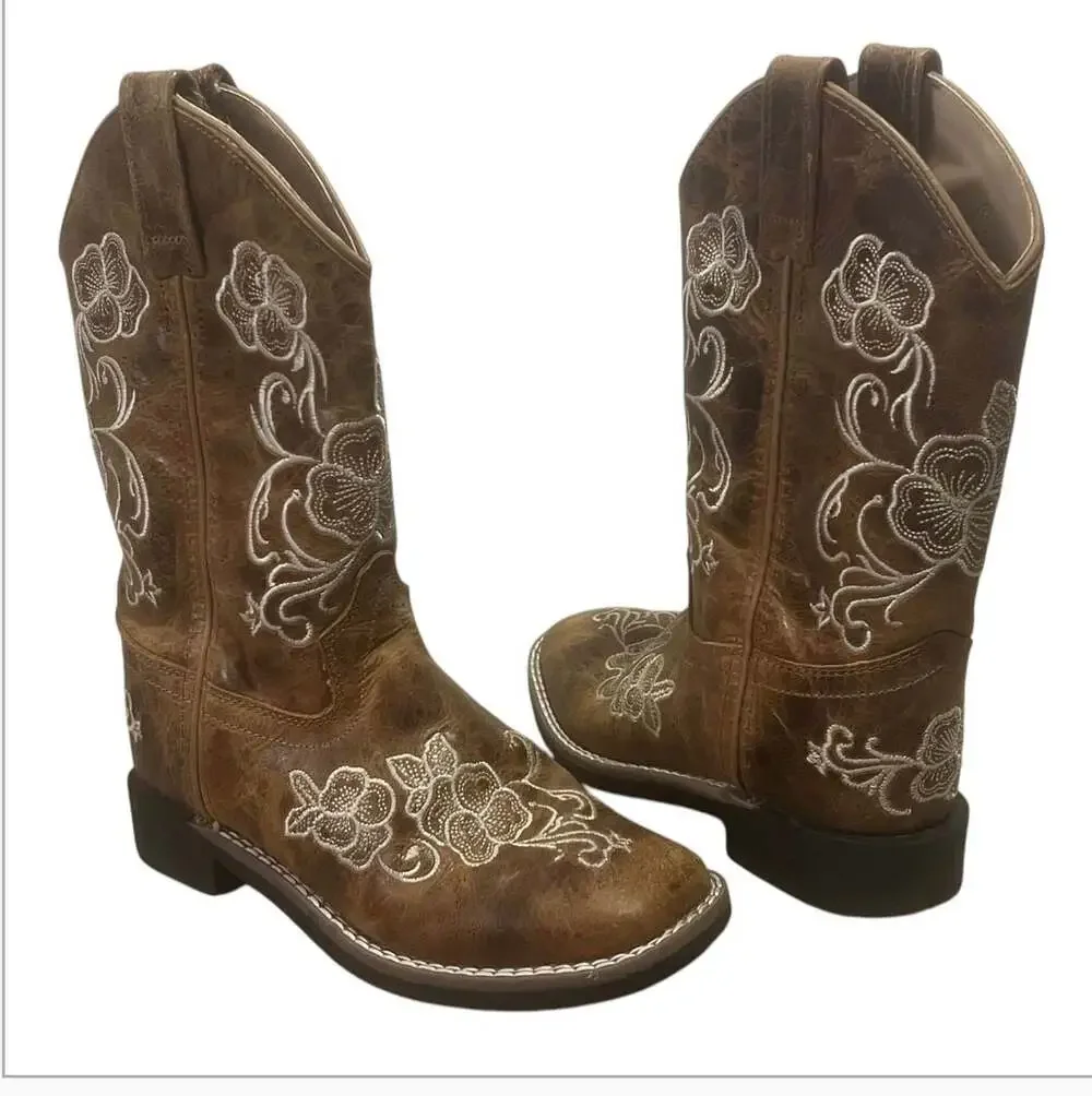 Shyanne Girls' Little Lasy Floral Embroidered Western Boots Broad Square Toe